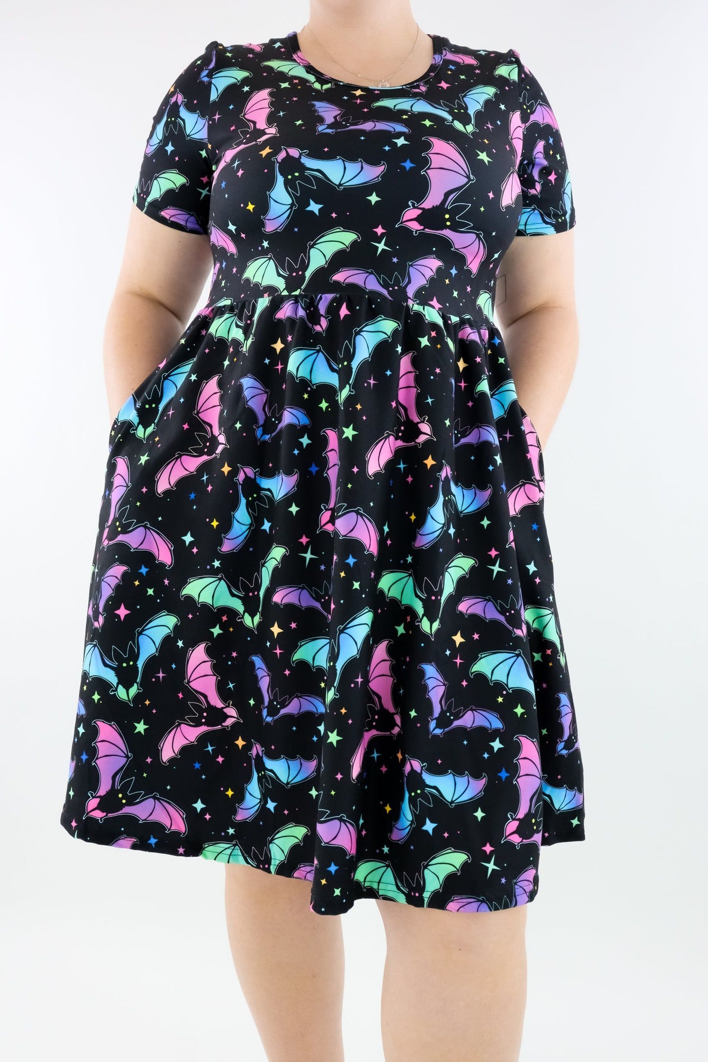 Neon Bats - Short Sleeve Skater Dress - Knee Length - Side Pockets Knee Length Skater Dress Pawlie   