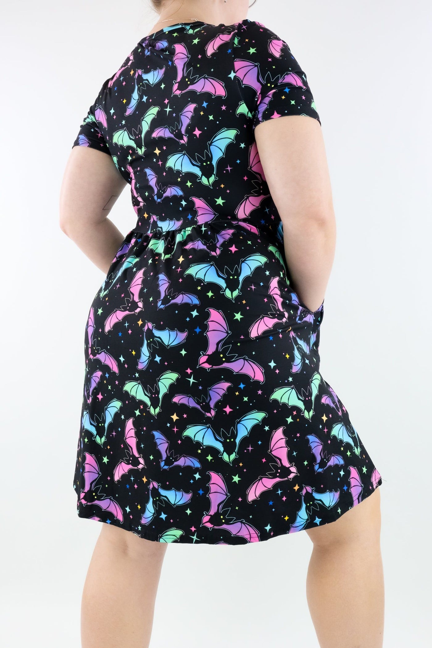 Neon Bats - Short Sleeve Skater Dress - Knee Length - Side Pockets Knee Length Skater Dress Pawlie   