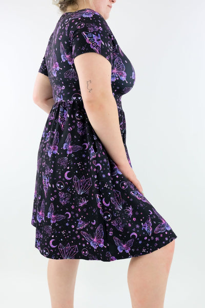 Glitter Witch - Short Sleeve Skater Dress - Knee Length - Side Pockets Knee Length Skater Dress Pawlie   