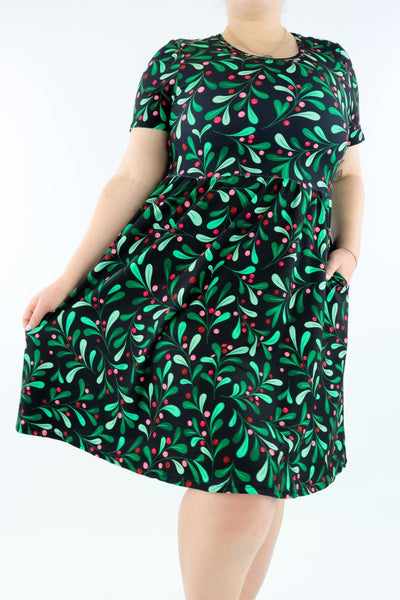 Mistletoe - Short Sleeve Skater Dress - Knee Length - Side Pockets Knee Length Skater Dress Pawlie   