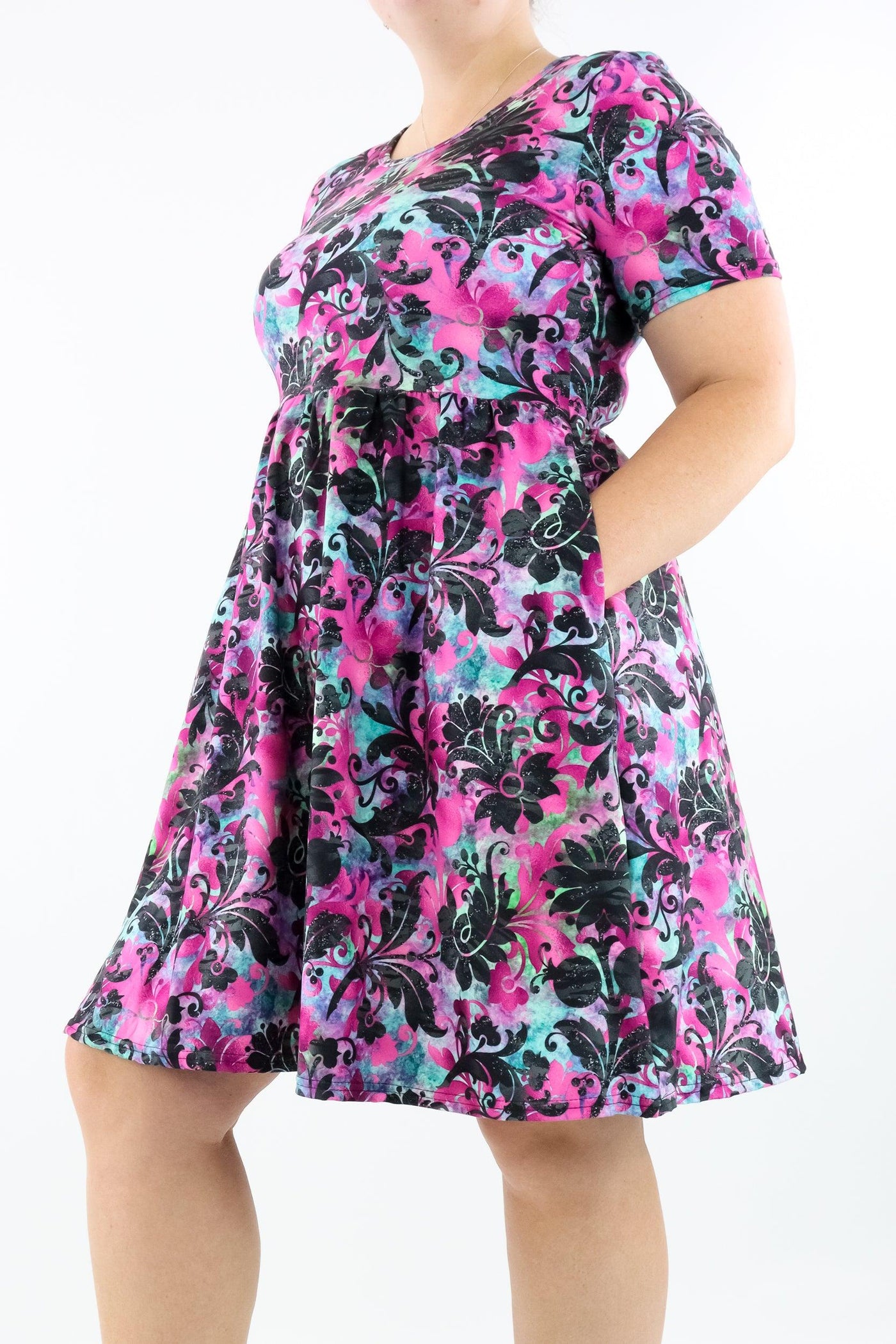 Glisten Floral - Short Sleeve Skater Dress - Knee Length - Side Pockets - Pawlie
