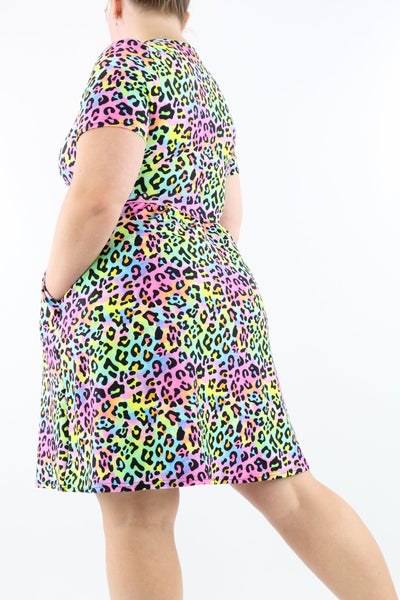 Colourpop Leopard - Short Sleeve Skater Dress - Knee Length - Side Pockets - Pawlie