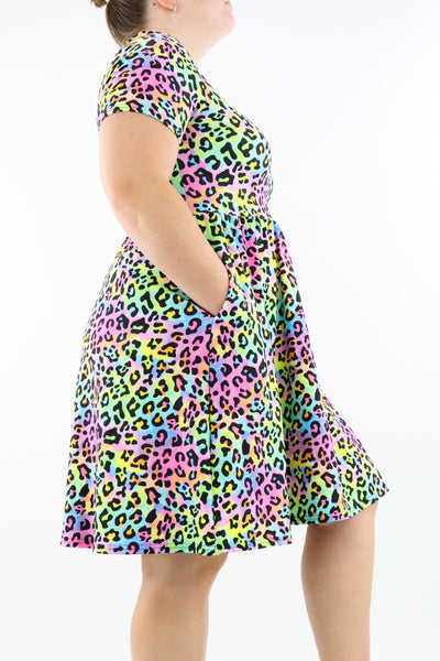 Colourpop Leopard - Short Sleeve Skater Dress - Knee Length - Side Pockets - Pawlie