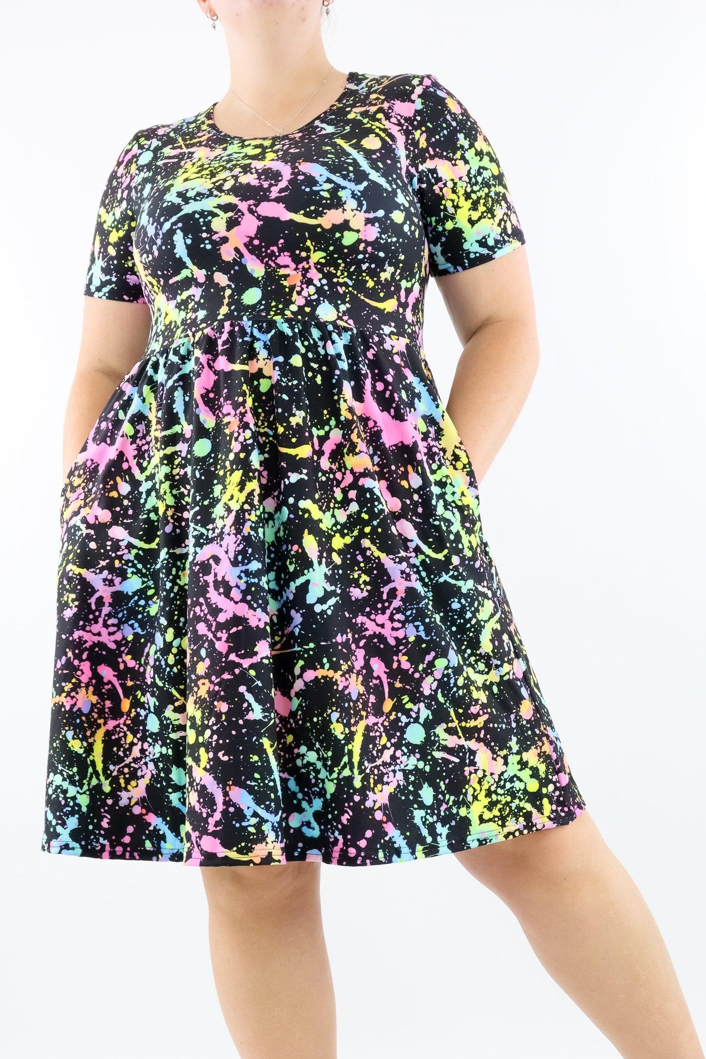 Neon Splash - Short Sleeve Skater Dress - Knee Length - Side Pockets - Pawlie