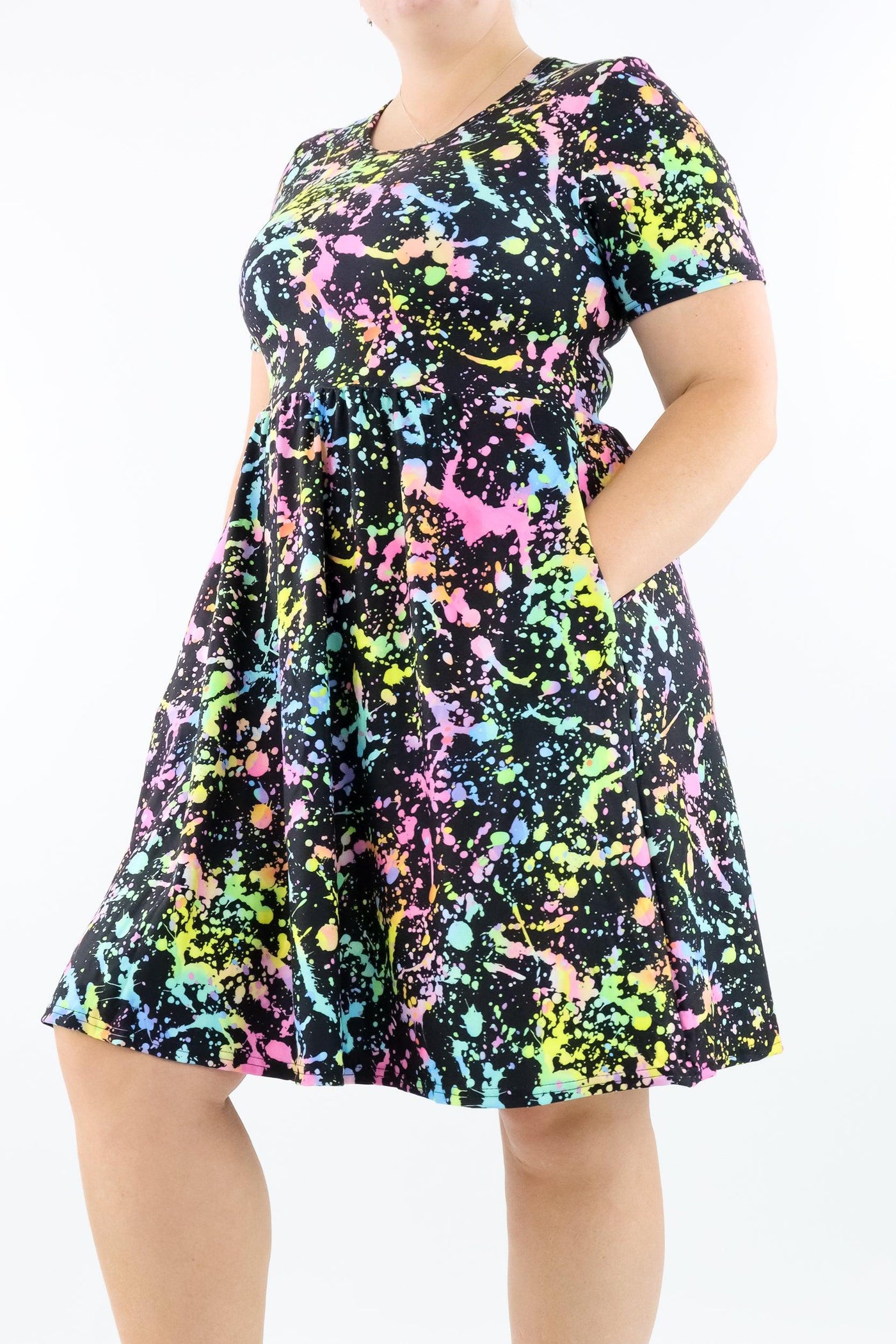 Neon Splash - Short Sleeve Skater Dress - Knee Length - Side Pockets - Pawlie