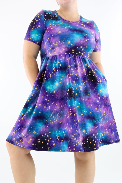 Universe Shimmer - Short Sleeve Skater Dress - Knee Length - Side Pockets