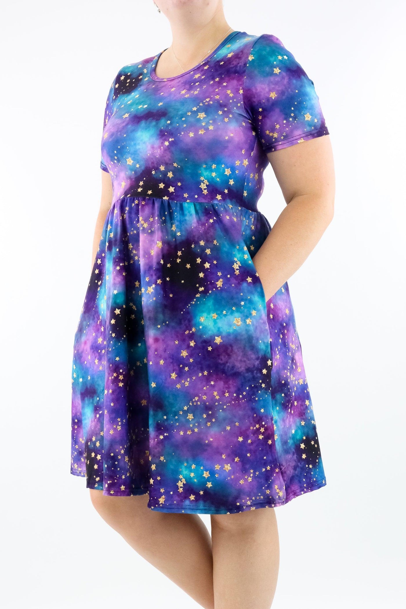 Universe Shimmer - Short Sleeve Skater Dress - Knee Length - Side Pockets - Pawlie