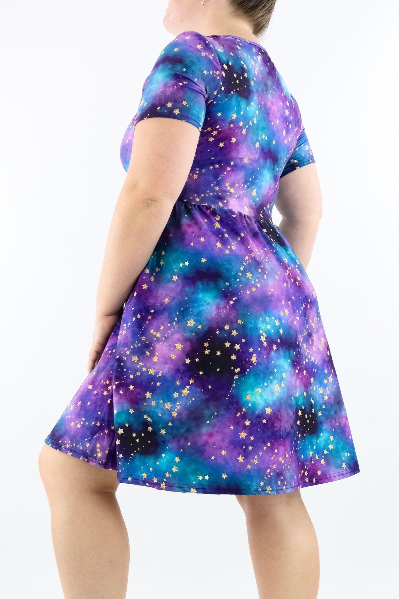 Universe Shimmer - Short Sleeve Skater Dress - Knee Length - Side Pockets - Pawlie