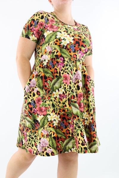 Leopard Oasis - Short Sleeve Skater Dress - Knee Length - Side Pockets