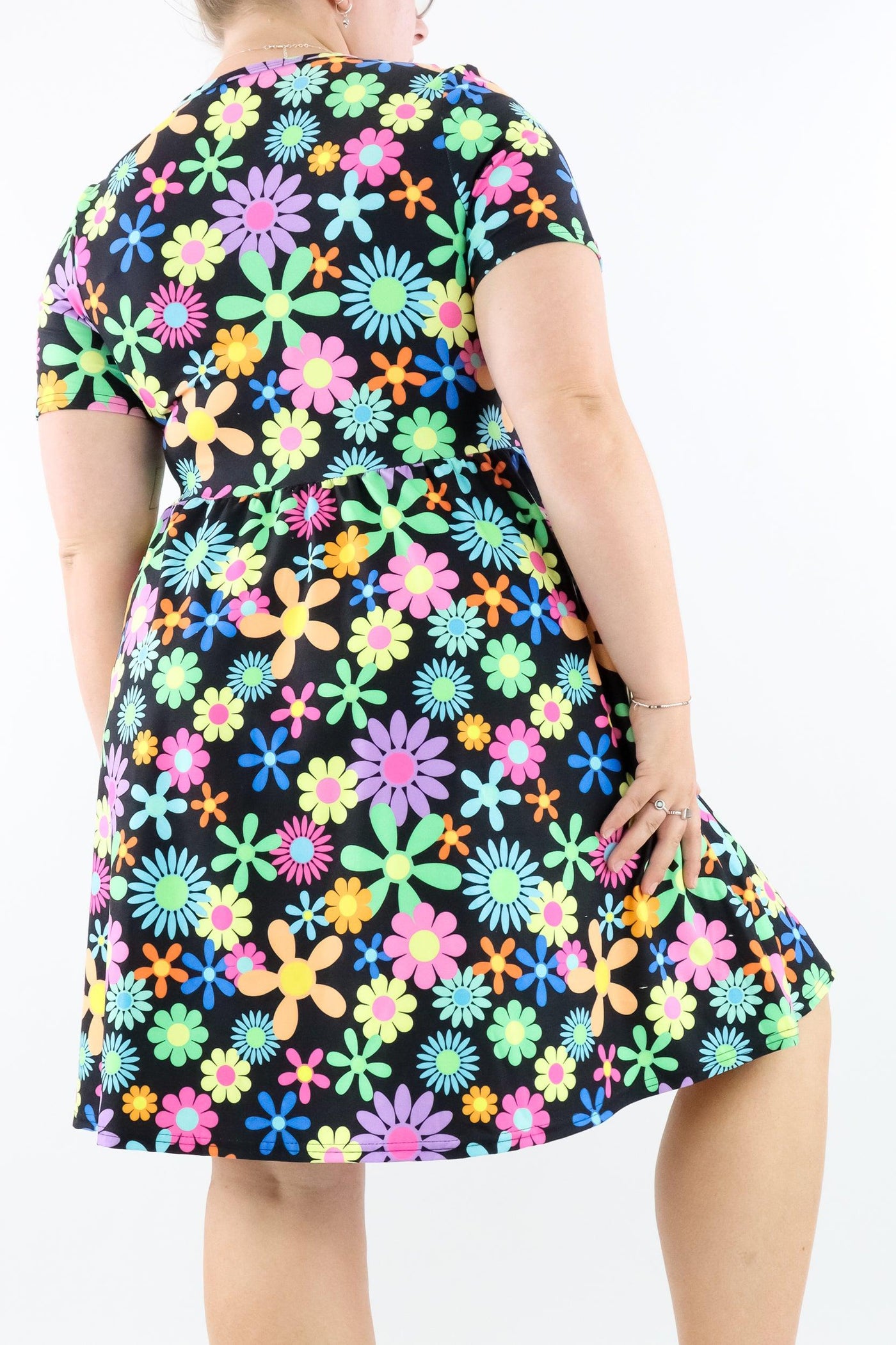 Flower Power - Short Sleeve Skater Dress - Knee Length - Side Pockets