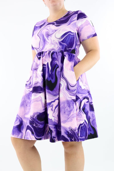Purple Rivers - Short Sleeve Skater Dress - Knee Length - Side Pockets - Pawlie
