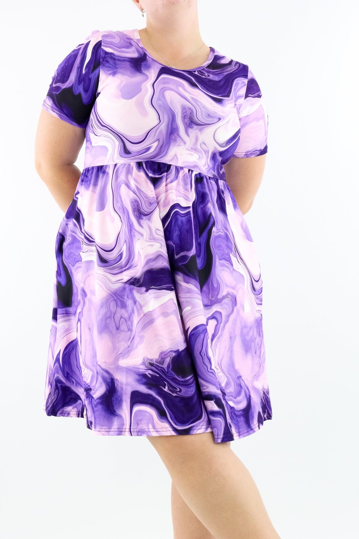 Purple Rivers - Short Sleeve Skater Dress - Knee Length - Side Pockets - Pawlie