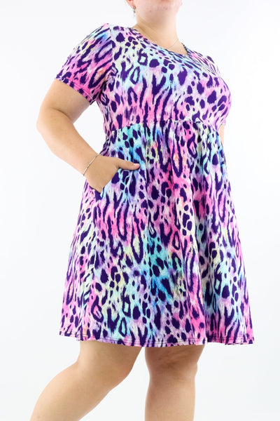 Tie Dye Leopard - Short Sleeve Skater Dress - Knee Length - Side Pockets