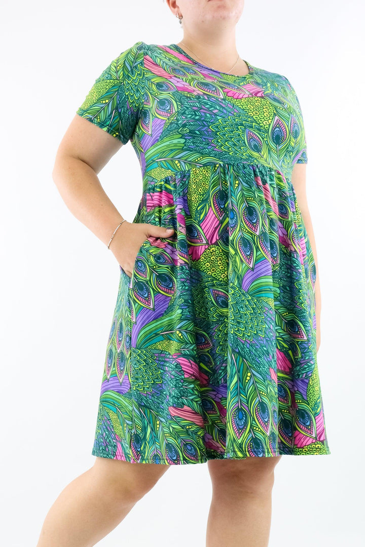 Peacock - Short Sleeve Skater Dress - Knee Length - Side Pockets - Pawlie