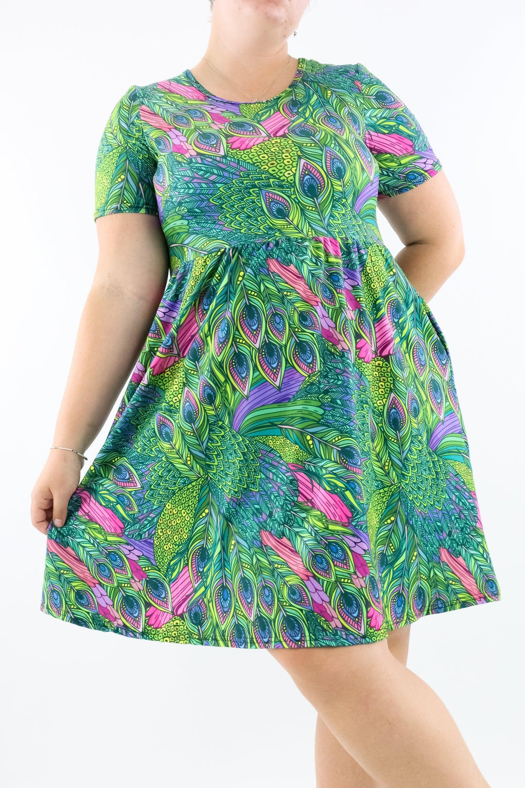 Peacock - Short Sleeve Skater Dress - Knee Length - Side Pockets - Pawlie