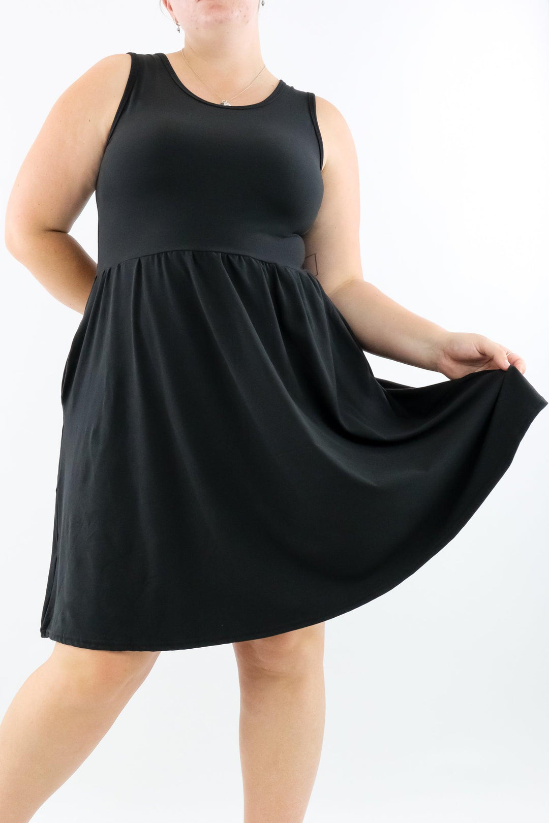 Black Sleeveless Skater Dress Knee Length Side Pockets