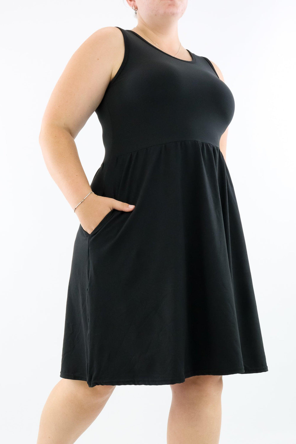 Black - Sleeveless Skater Dress - Knee Length - Side Pockets - Pawlie