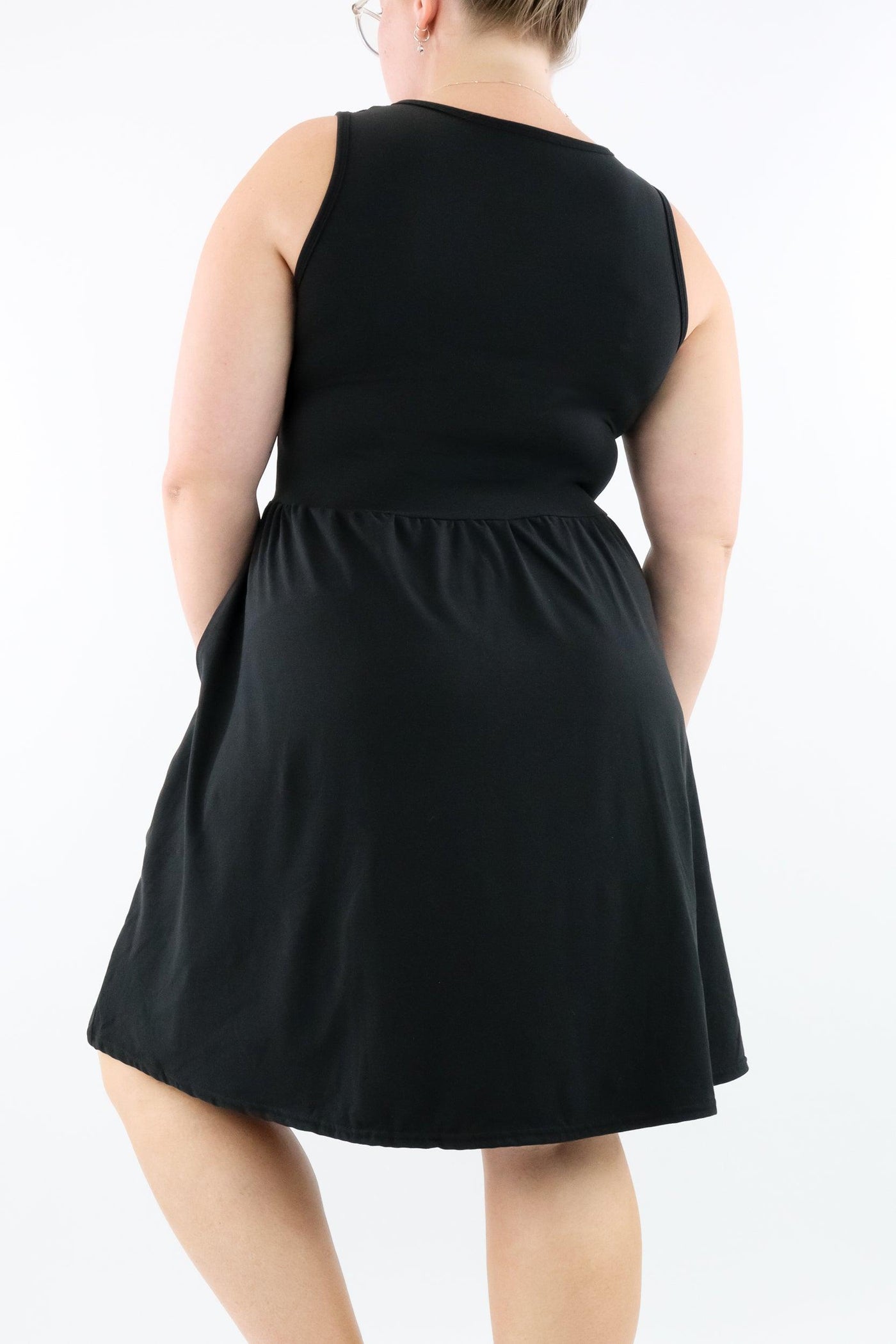 Black - Sleeveless Skater Dress - Knee Length - Side Pockets