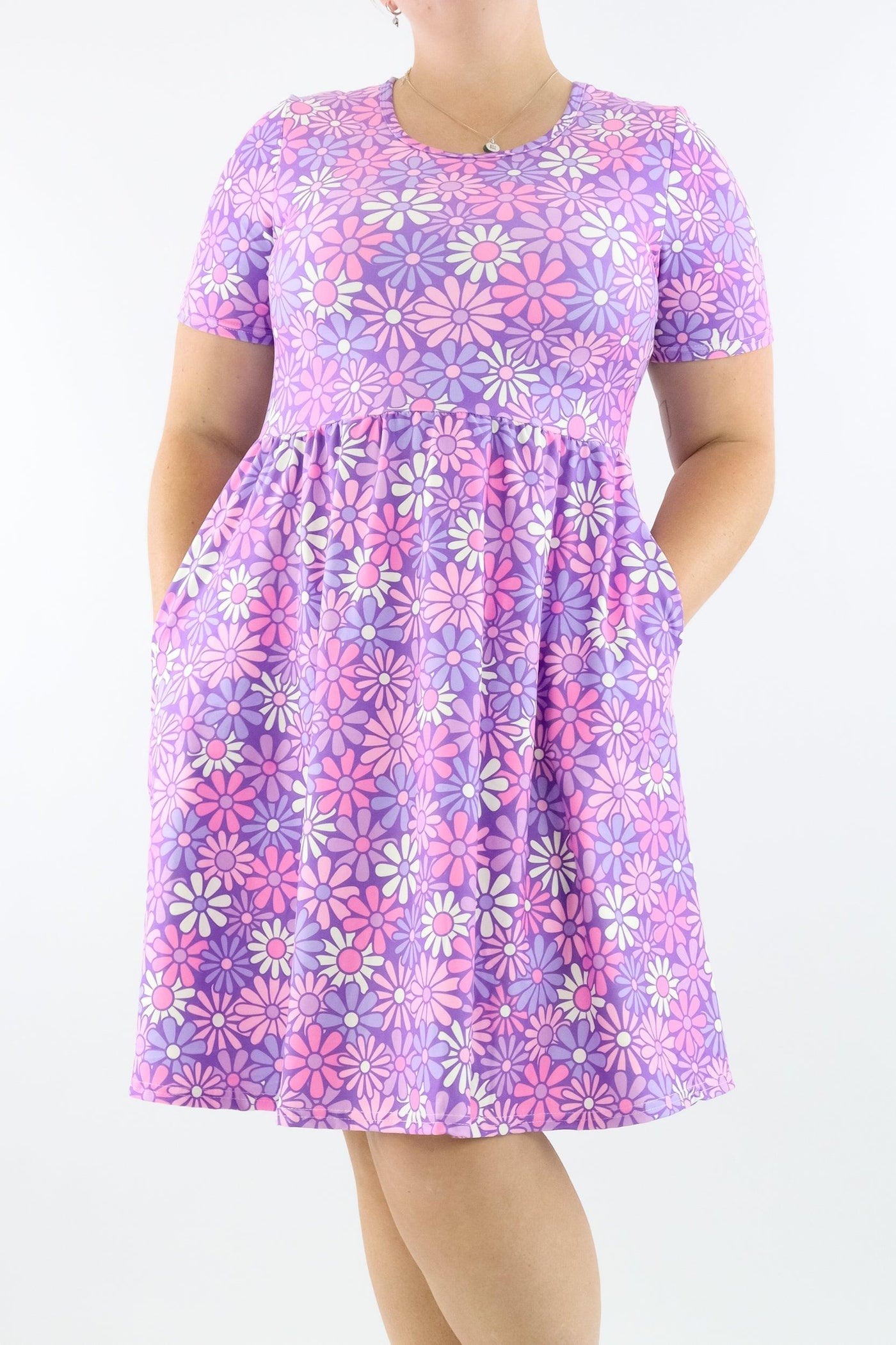 Lilac Daisies - Short Sleeve Skater Dress - Knee Length - Side Pockets