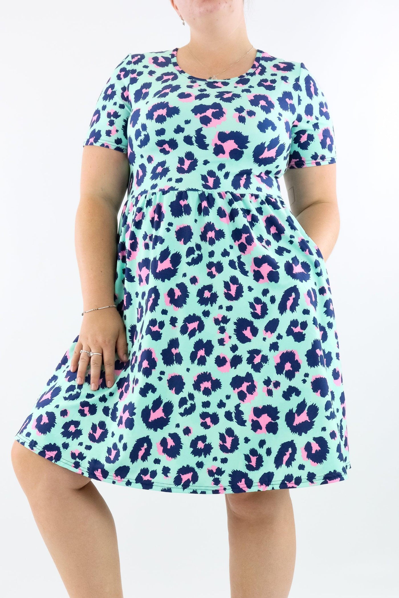 Minty Leopard - Short Sleeve Skater Dress - Knee Length - Side Pockets - Pawlie