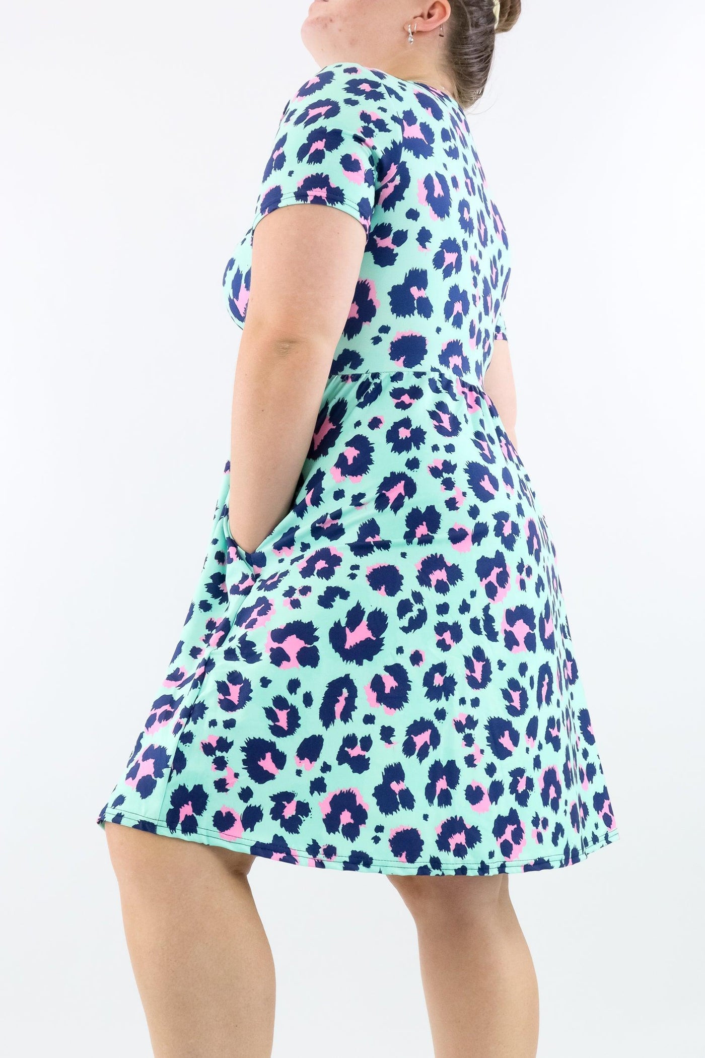 Minty Leopard - Short Sleeve Skater Dress - Knee Length - Side Pockets