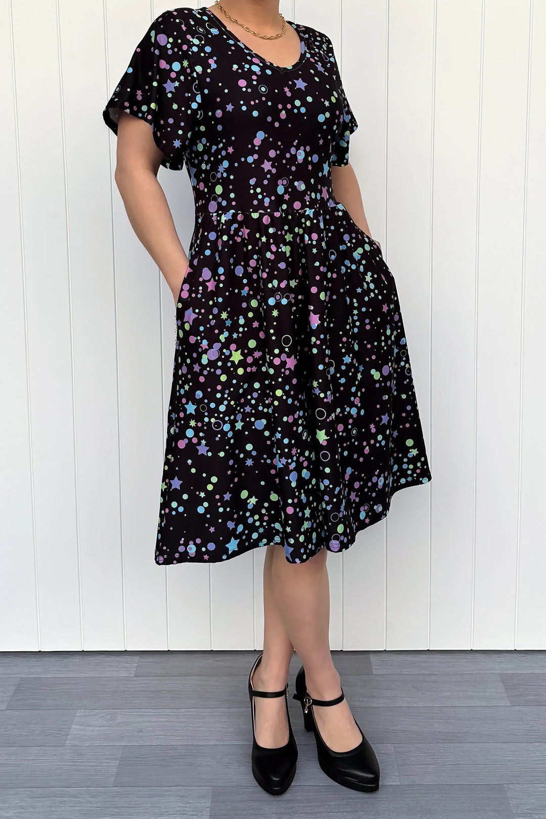 neon galaxy dress Neon Galaxy Universe Starlight Women Dress V-Neck Short Sleeve Flowy Swing Party Midi Dress