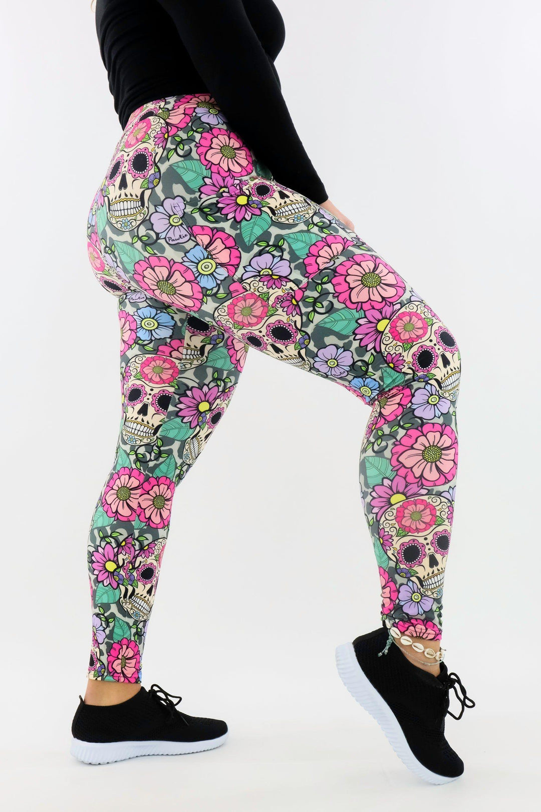 Sugar Skull Flowers 2.0 - Casual - Regular Full Leggings - Pockets Casual Full Leggings - Pockets Pawlie   