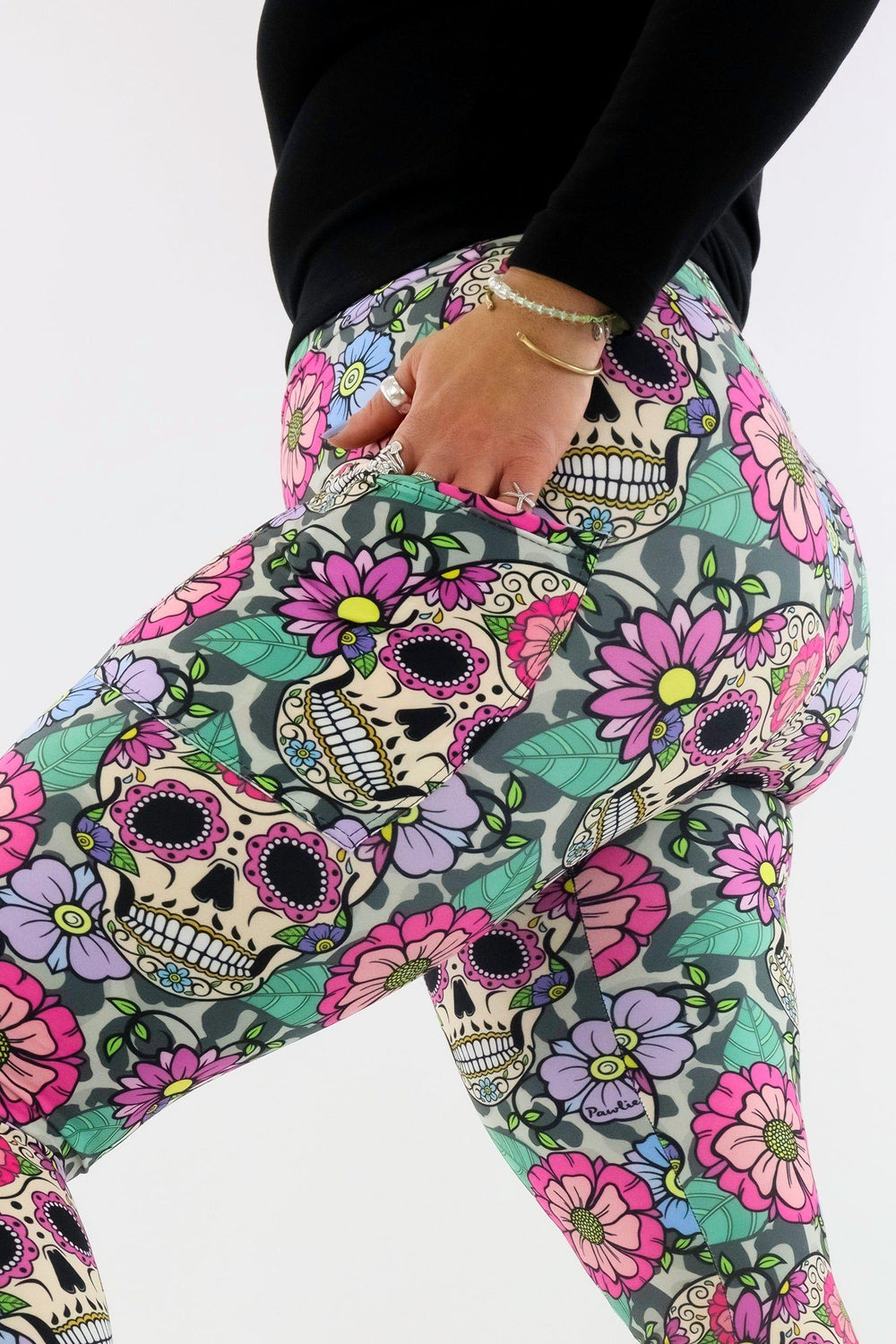 Sugar Skull Flowers 2.0 - Casual - Regular Full Leggings - Pockets Casual Full Leggings - Pockets Pawlie   