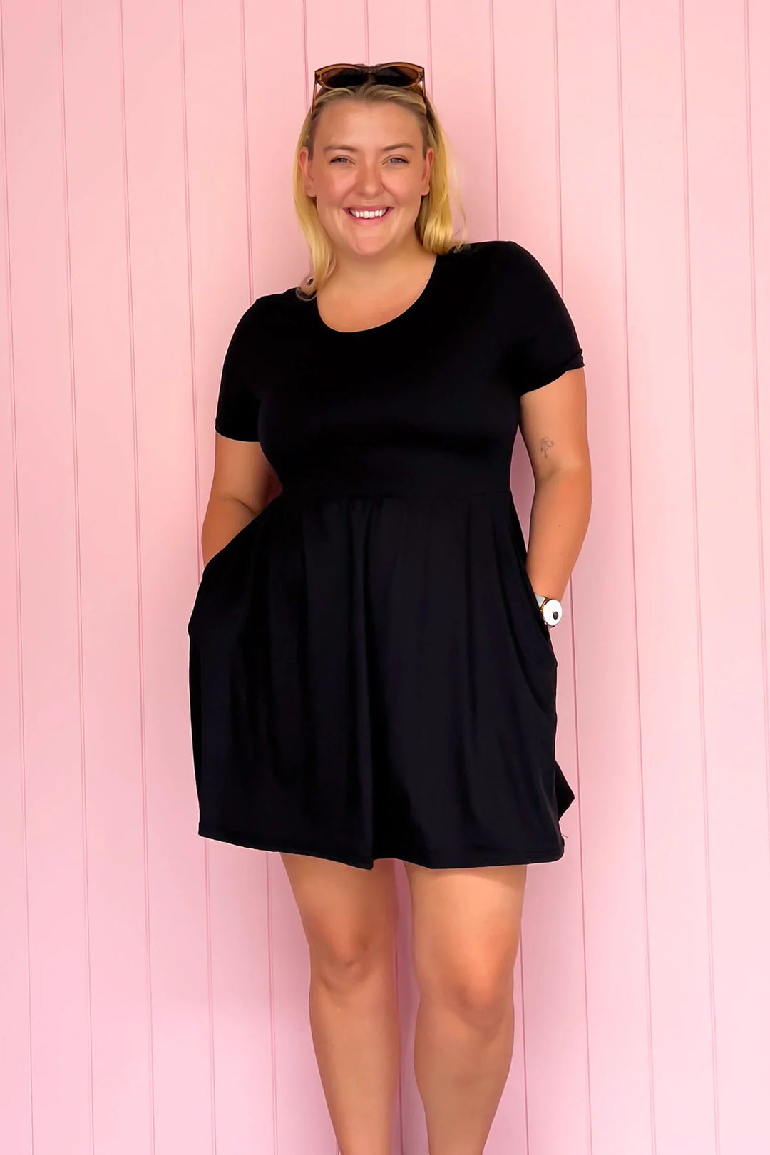 Comfy Black Mini Dress Short Sleeves with Pockets Pawlie Comfy Black Mini Dress Short Sleeves with Pockets Pawlie