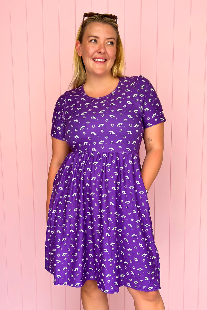 Purple Saturn - Knee Length Dress - Short Sleeve - Pockets