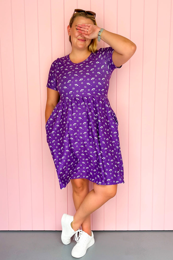 Purple Saturn - Knee Length Dress - Short Sleeve - Pockets