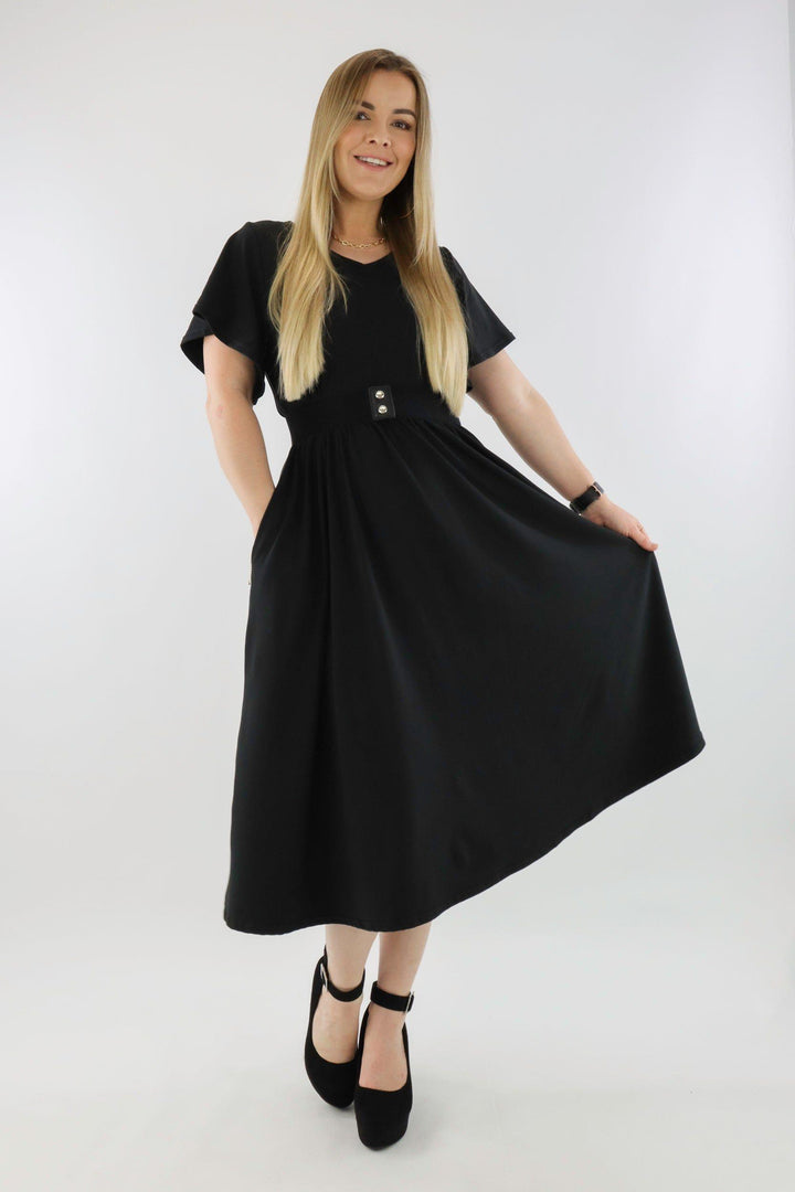 Black - V-neck - Flutter Sleeve A-Line Dress - Pockets