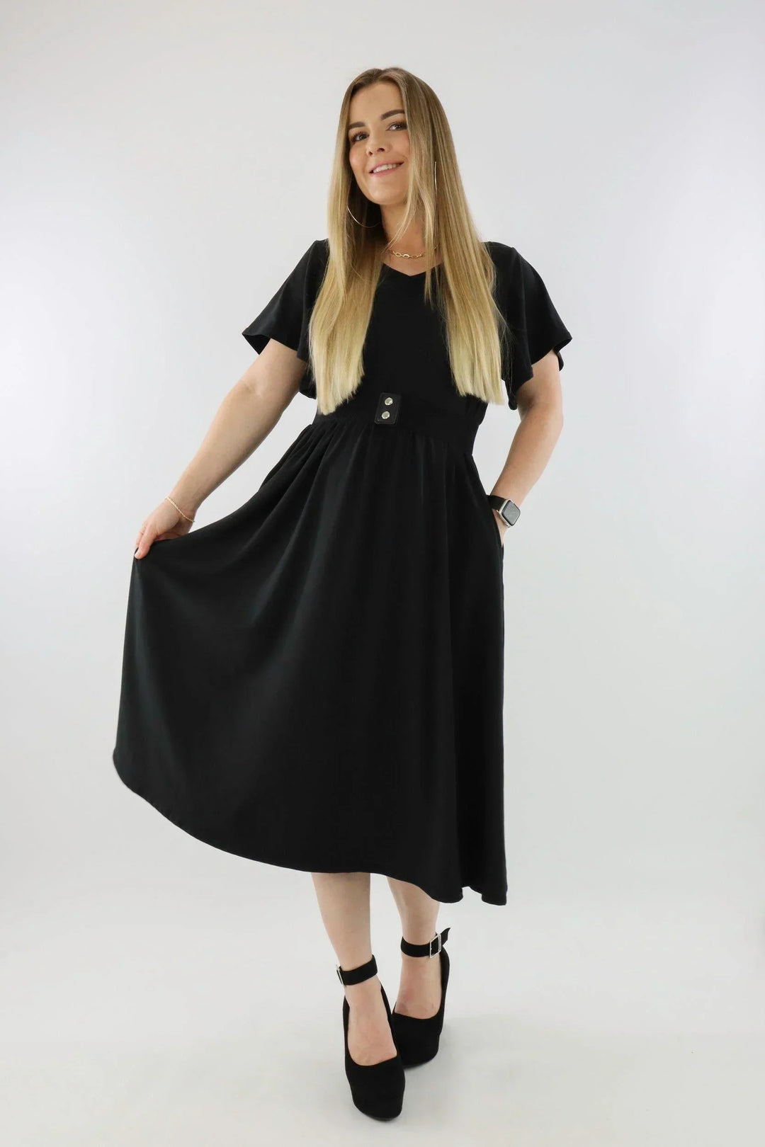 Black - V-neck - Flutter Sleeve A-Line Dress - Pockets Pawlie Black - V-neck - Flutter Sleeve A-Line Dress - Pockets Pawlie