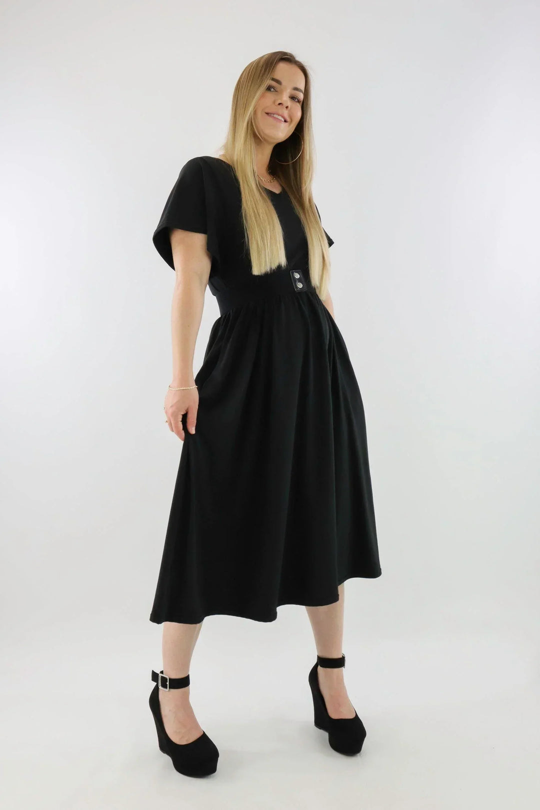 Black - V-neck - Flutter Sleeve A-Line Dress - Pockets Pawlie Black - V-neck - Flutter Sleeve A-Line Dress - Pockets Pawlie