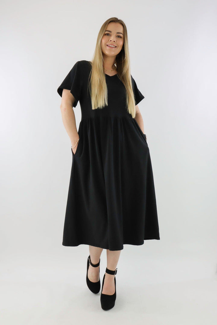 Black - V-neck - Flutter Sleeve A-Line Dress - Pockets