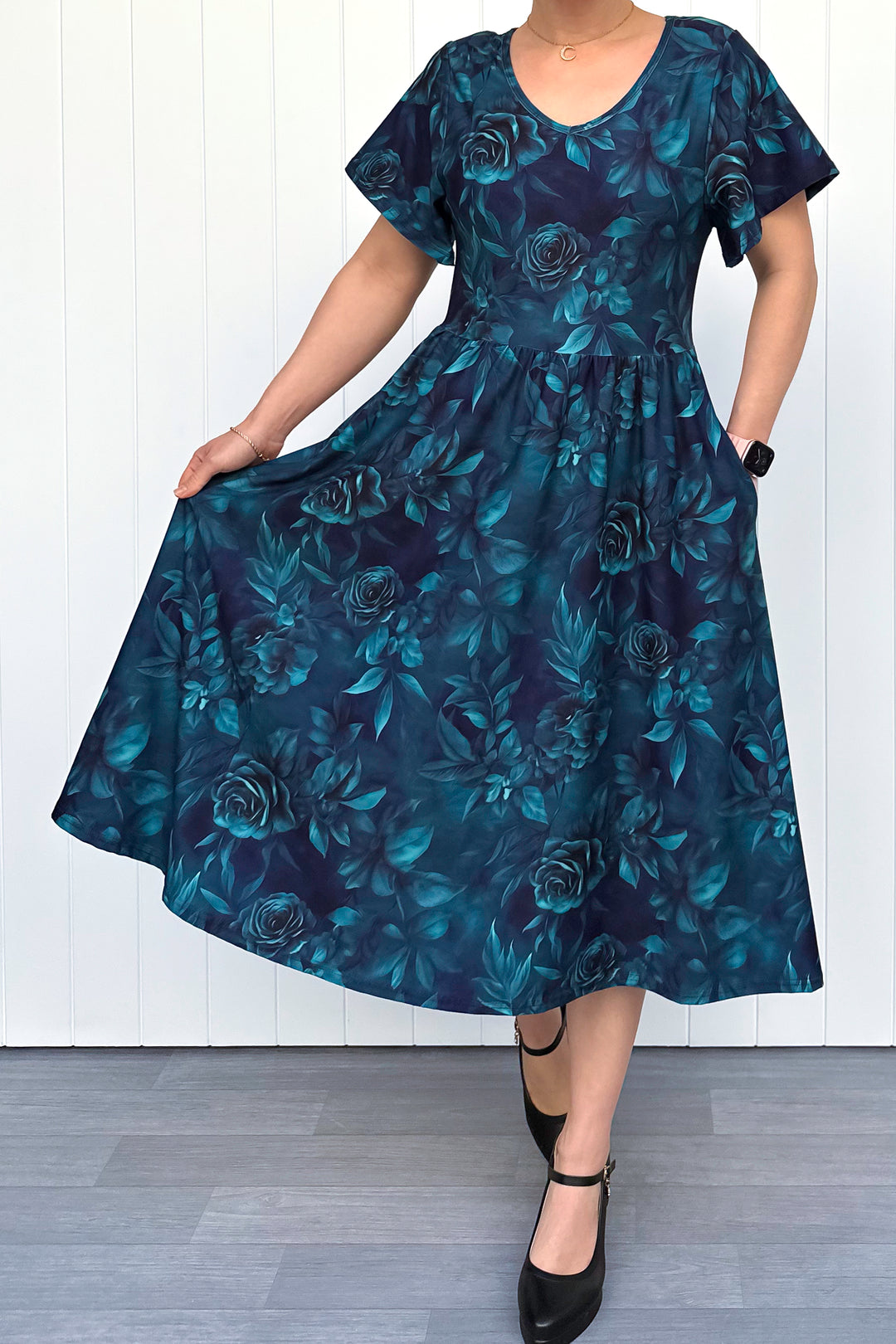 Teal Blooms - Midi Dress - Flutter Sleeve - Pockets