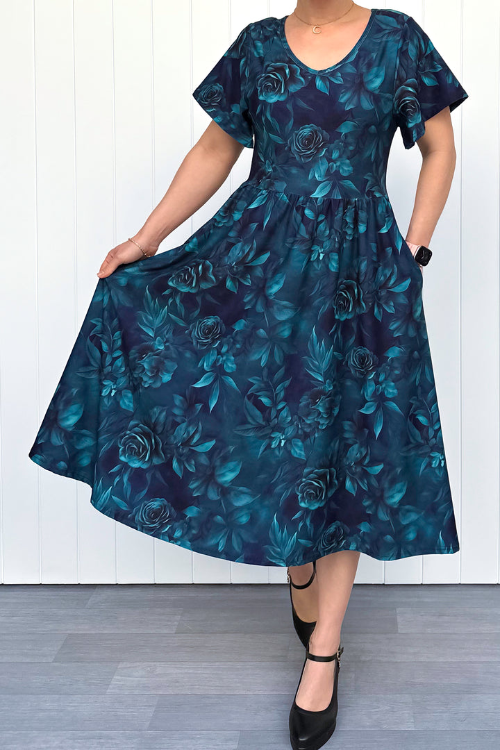 Teal Blooms - Midi Dress - Flutter Sleeve - Pockets
