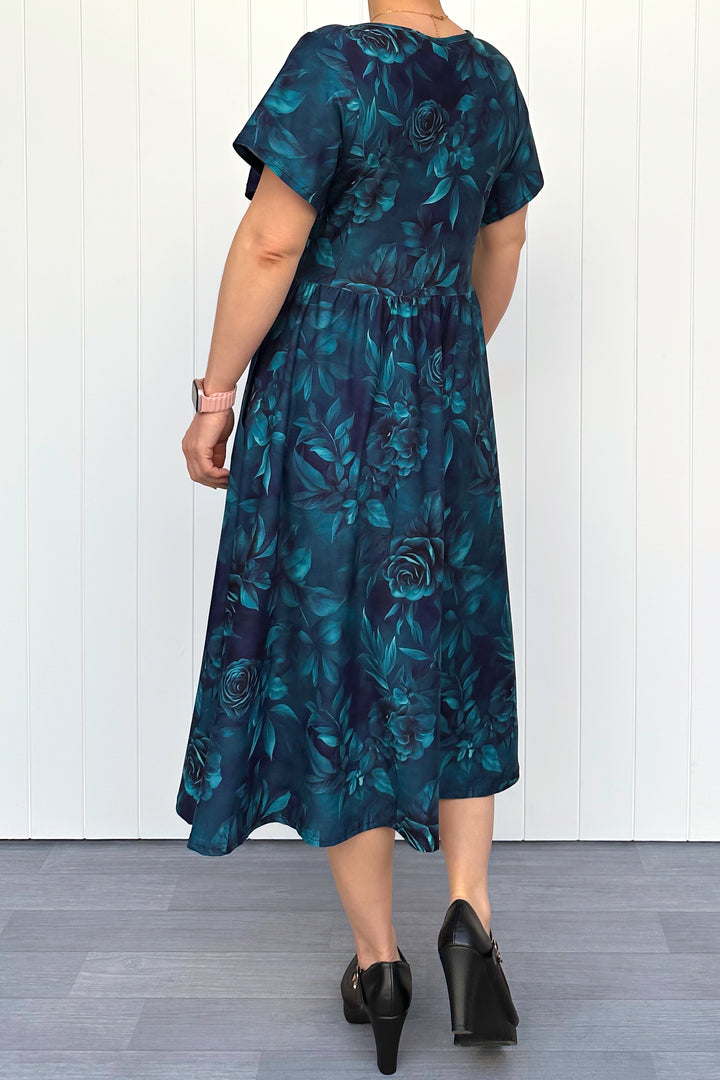 Teal Blooms - Midi Dress - Flutter Sleeve - Pockets