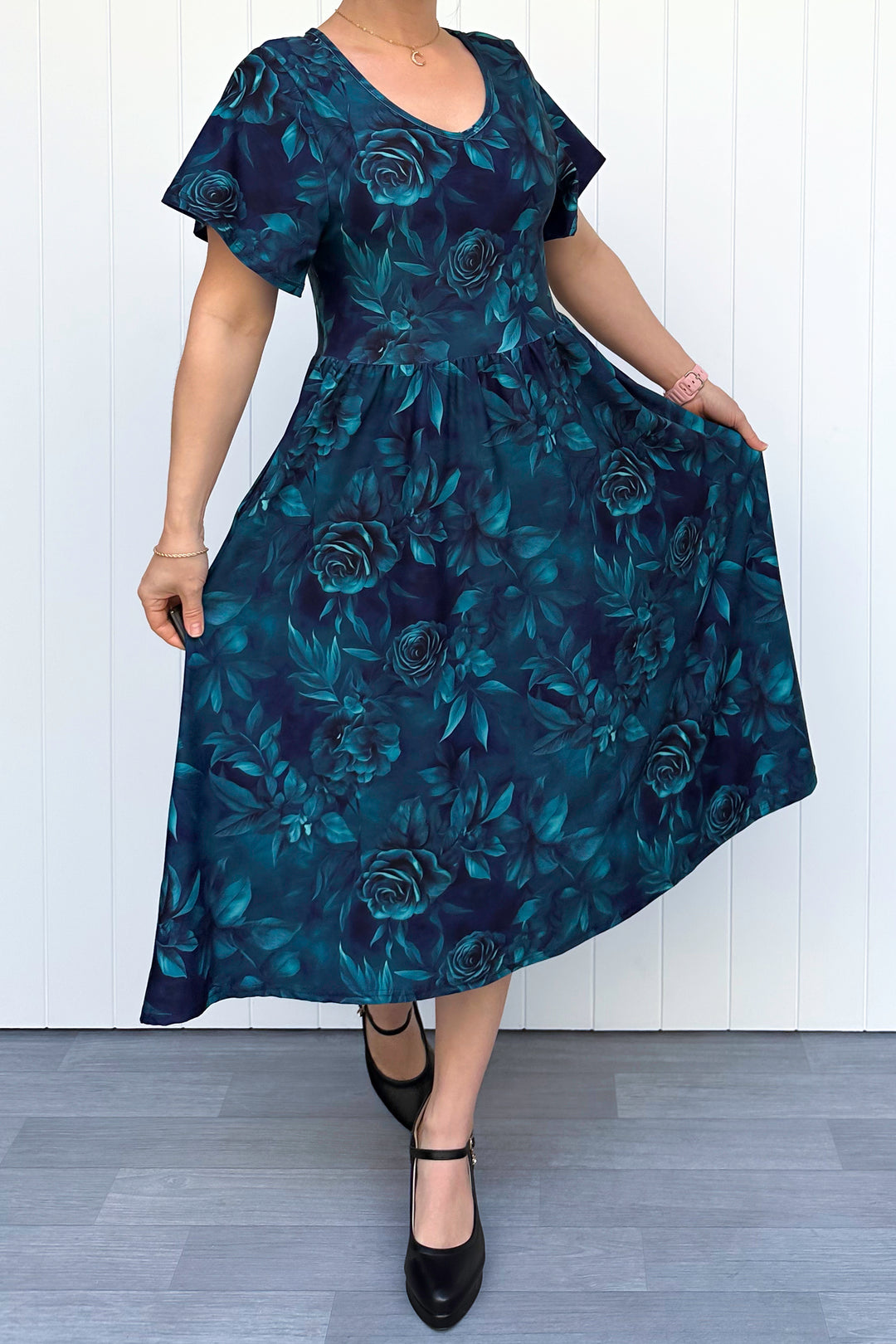 Teal Blooms - Midi Dress - Flutter Sleeve - Pockets