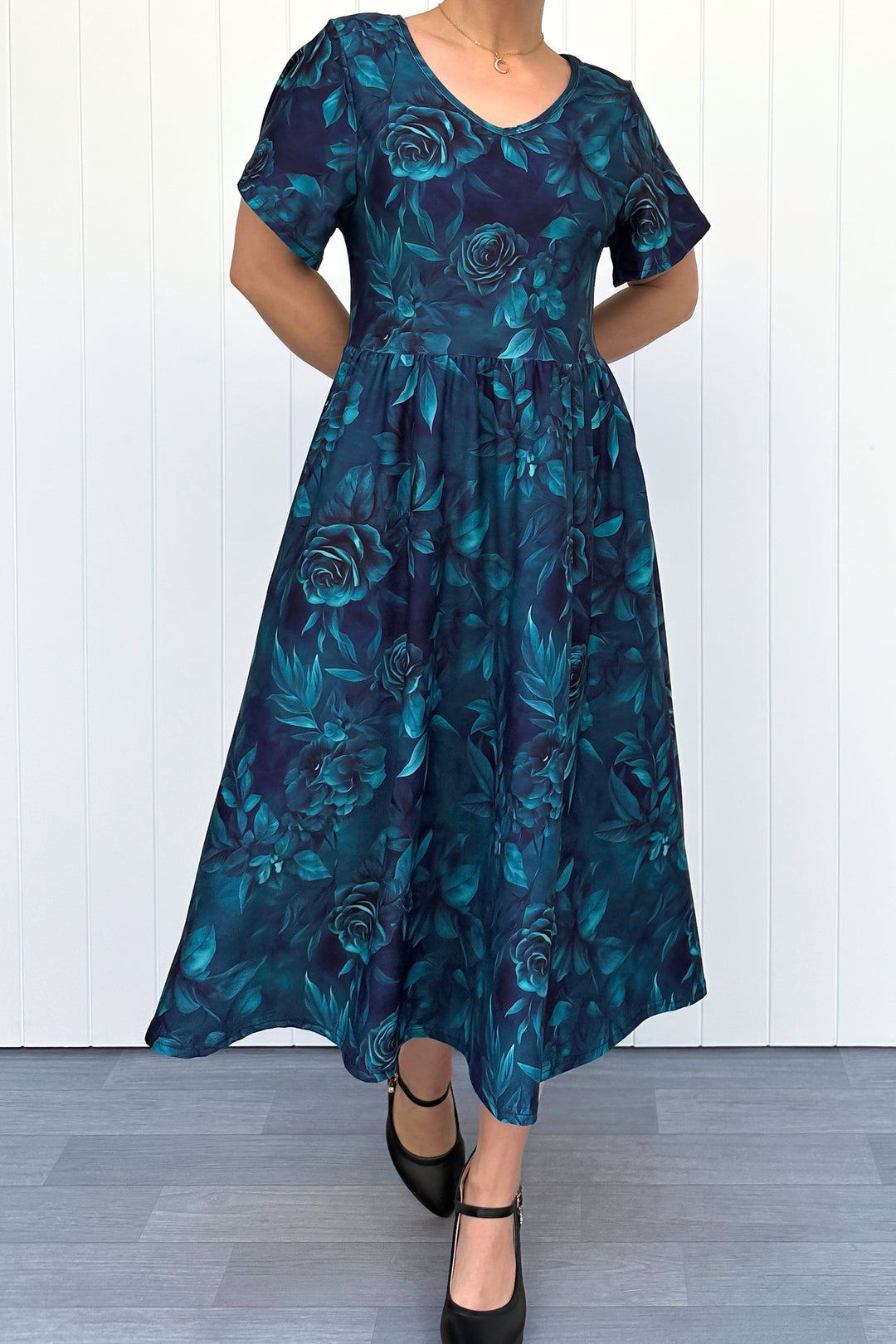 Teal Blooms - Midi Dress - Flutter Sleeve - Pockets