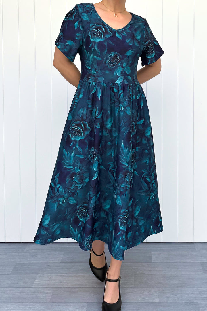 Teal Blooms - Midi Dress - Flutter Sleeve - Pockets