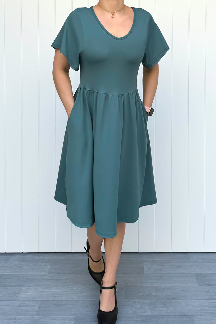 Teal - Knee Length Dress - Flutter Sleeve - Pockets