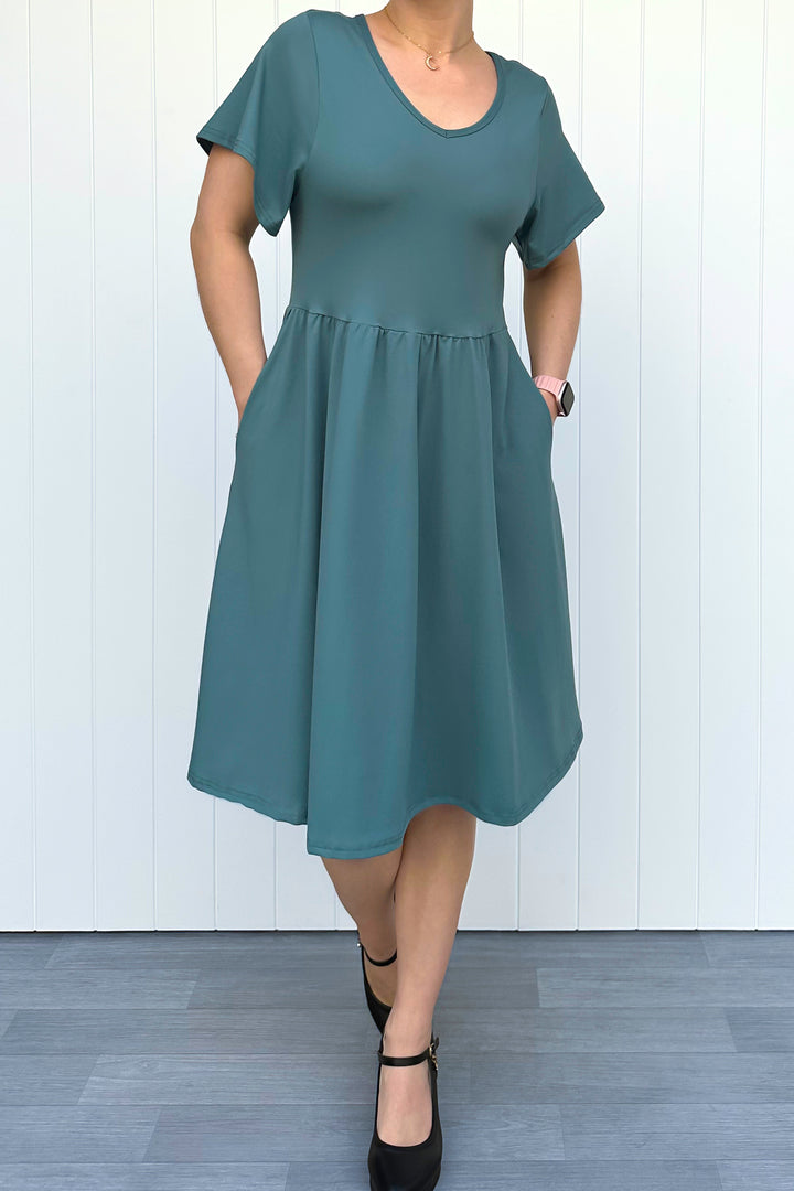 Teal - Knee Length Dress - Flutter Sleeve - Pockets