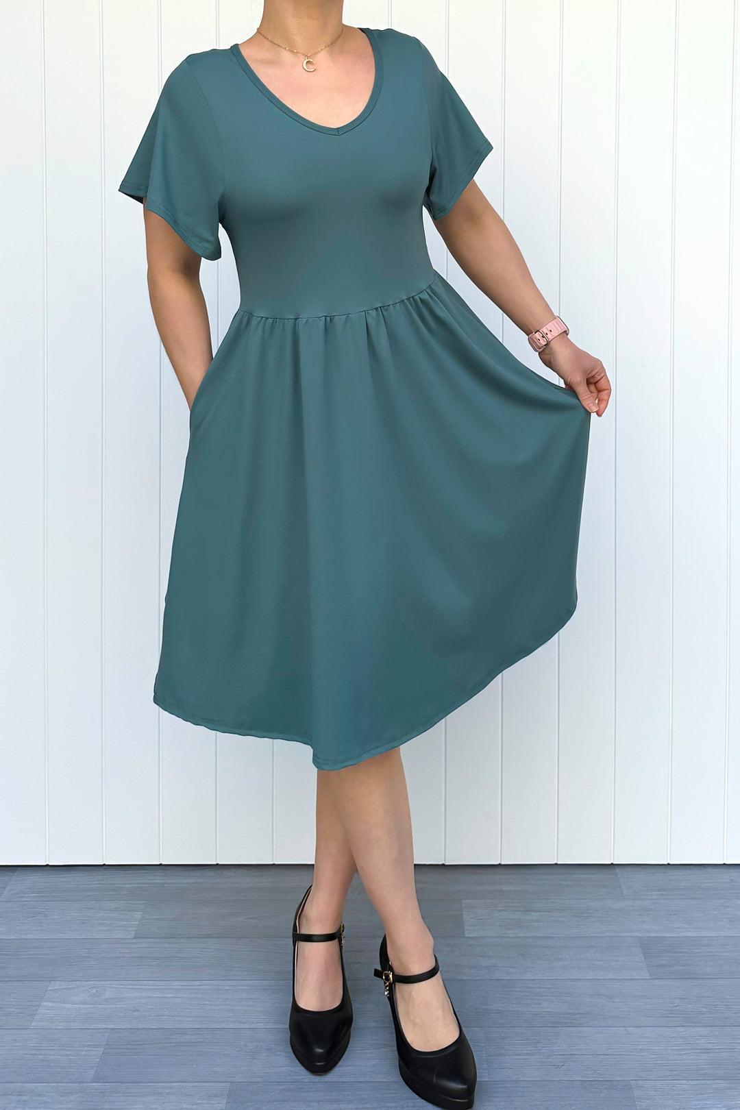 Teal - Knee Length Dress - Flutter Sleeve - Pockets