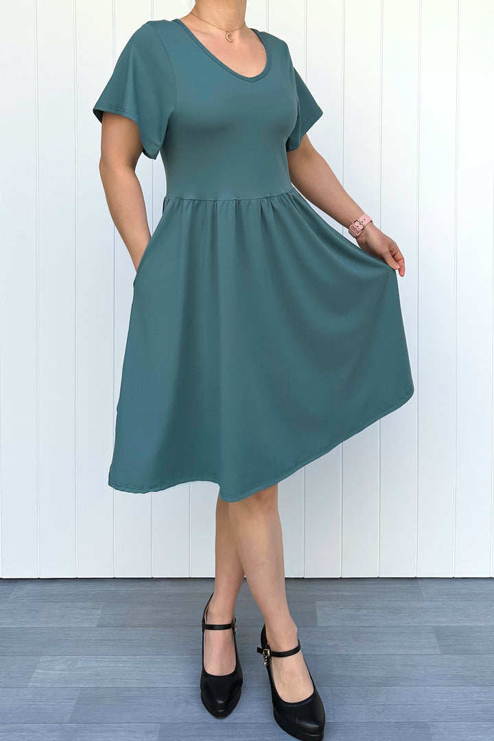 Teal - Knee Length Dress - Flutter Sleeve - Pockets