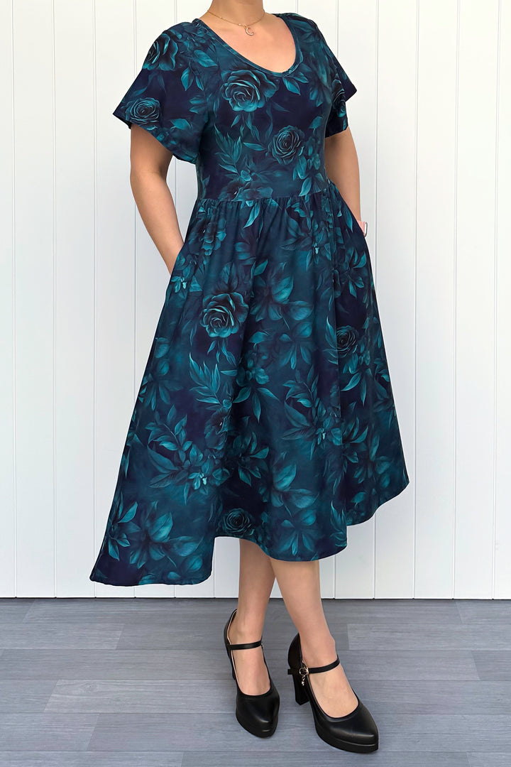 Teal Blooms - Midi Dress - Flutter Sleeve - Pockets