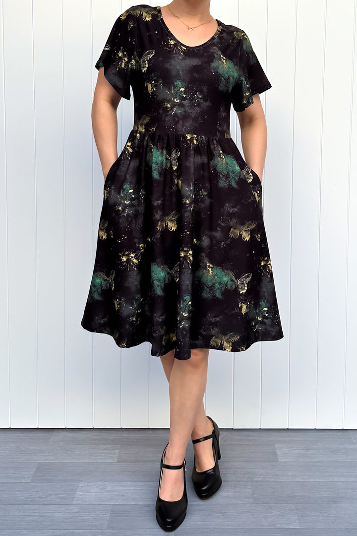 Vintage Emerald Butterfly - Knee Length Dress - Flutter Sleeve - Pockets