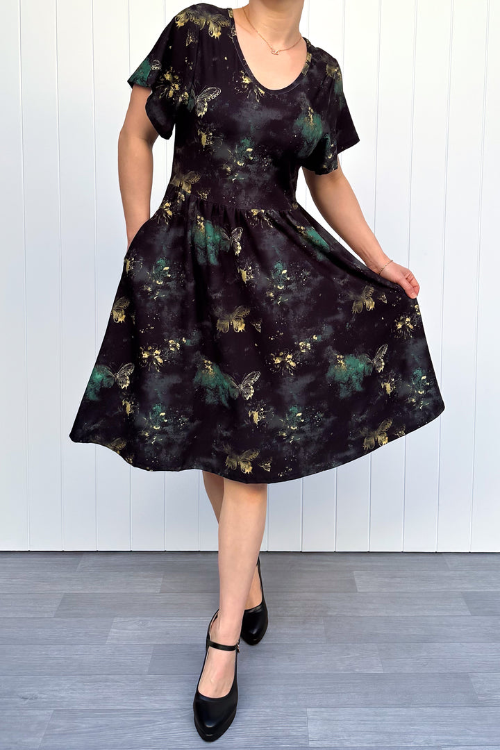 Vintage Emerald Butterfly - Knee Length Dress - Flutter Sleeve - Pockets