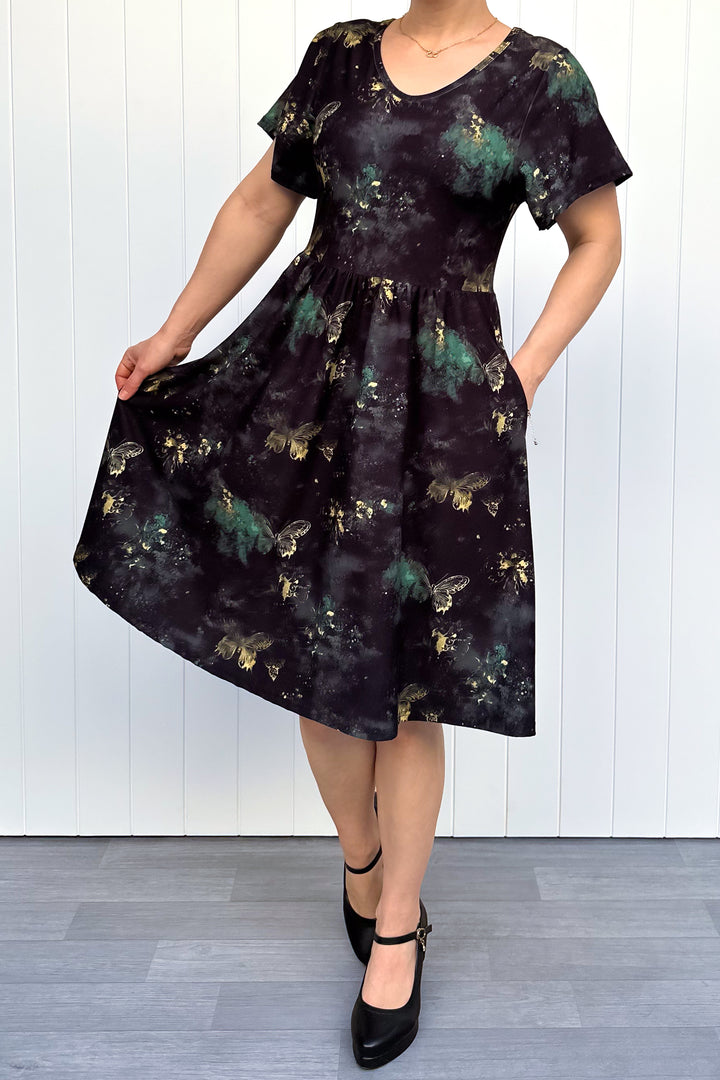Vintage Emerald Butterfly - Knee Length Dress - Flutter Sleeve - Pockets