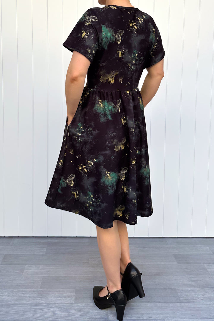 Vintage Emerald Butterfly - Knee Length Dress - Flutter Sleeve - Pockets